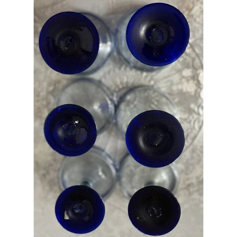 Vintage 80s Cobalt Blue‎ Margarita Glasses Stemmed Hand Blown Recycled Glass Lot